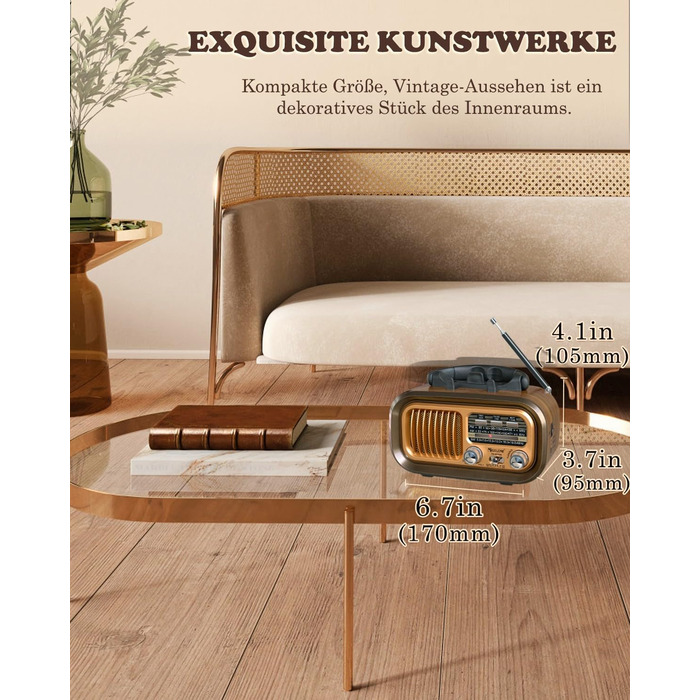 Ретро Радіо Klein з Bluetooth: портативне AM/FM/SW радіо з сонячною панеллю, USB/TF-карта, 1200mAh, золотий колір