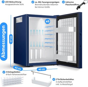 Міні-холодильник KESSER® Minibar 40L з дверцятами з прозорого скла, Navy Blue - ідеальний для кемпінгу, офісу, спальні, готелю, кухні. Безшумний, з можливістю зміни дверцят та внутрішнім освітленням, з відкривачем для пляшок.