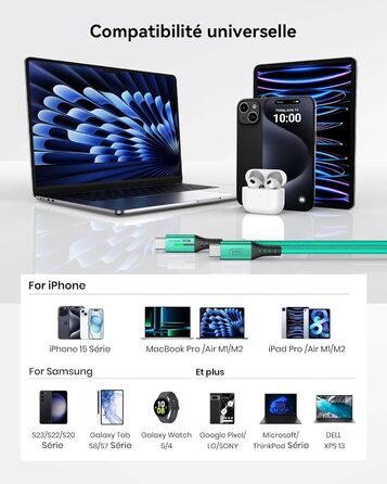 Кабель USB-C INIU 100W з підтримкою PD3.0, 2м, зелений. Сумісний з iPhone, Samsung, Pixel, iPad, MacBook. Нейлонова обплітання.