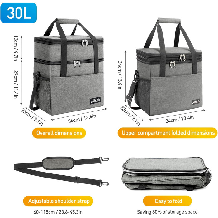 Термосумка Viedouce 30L: Ізольована сумка-холодильник для пікніків, кемпінгу та подорожей (сіра)