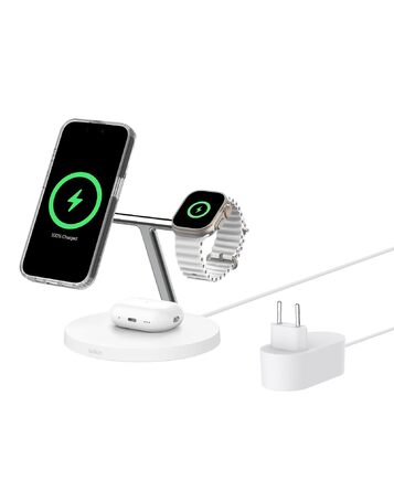 Belkin MagSafe 3-в-1 Бездротова Зарядка 15W для iPhone, Apple Watch та AirPods (Біла) - Сумісна з MagSafe/Qi2