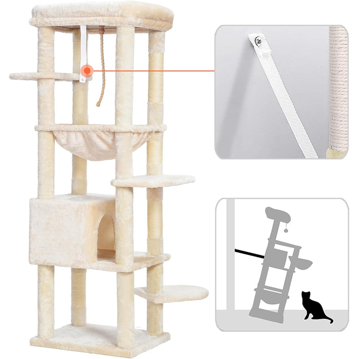 Драбина для котів Heybly Kratzbaum з лежаком, печерею та великими платформами, 50 x 50 x 153 см, бежева HCT050M