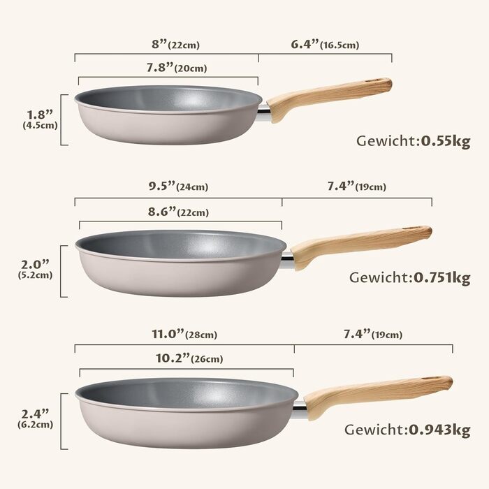 Набір сковорідок для індукції, 20/24/28 см, керамічне покриття з бакелітовою ручкою, антипригарне покриття, молекулярно з'єднане дно для індукції, підходить для всіх типів плит, без PTFE, PFAS та PFOA, 3 шт.