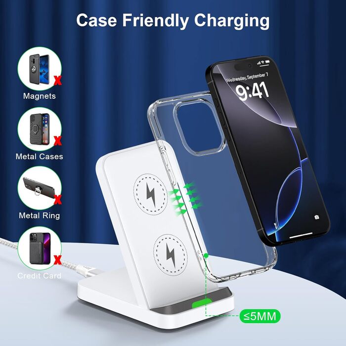 Бездротовий зарядний стан 15W для Samsung Galaxy S25/S24/S23/S22/S21 FE та iPhone 16/15/14, Google Pixel 9/8/7/6 (білий)