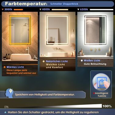 Дзеркало для ванної кімнати LED з підсвічуванням, туалетне дзеркало настінне, 6500K, антитуманне, водонепроникне IP44, вертикальне/горизонтальне (70 x 50 см)