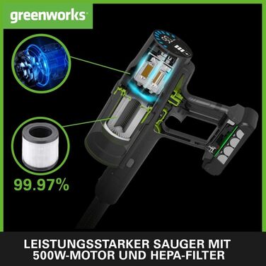 Акумуляторний пилосос Greenworks GD24SV 5-в-1 без акумулятора та зарядного пристрою, 500W, Hepa-фільтр, насадка для шерсті тварин, 3 режими потужності, 45 хвилин роботи