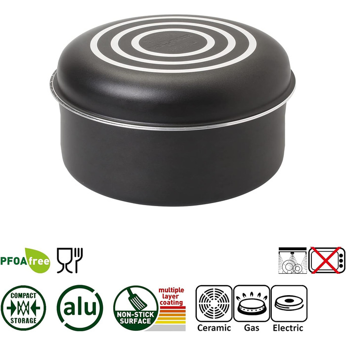 Набір посуду для кемпінгу BRUNNER з алюмінію (каструлі та сковорідки) - діаметр 20, 22, 24, 26 см, Pirate Vakublock, на 4 особи, з покриттям, легкий, високоякісний, компактний, 4+1 предмет