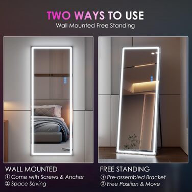 Дзеркало для тіла LVSOMT з підсвічуванням, настінне, LED, 120x40 см, для спальні, подарунок, білий
