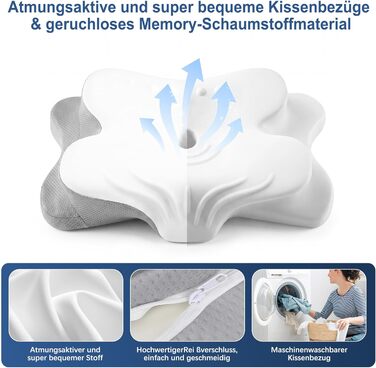 Подушка для шиї VYLEE з піни Memory Foam: ортопедична для сну на спині, боку та животі, від болю в шиї та плечах (Сіра)