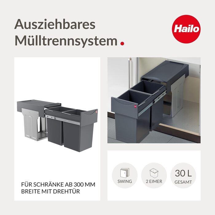 Вбудований контейнер для сміття Hailo Tandem 3666101 – система сортування сміття, 2х15л, повний висув, телескопічні направляючі, для кухонних шаф від 30 см, темно-сірий