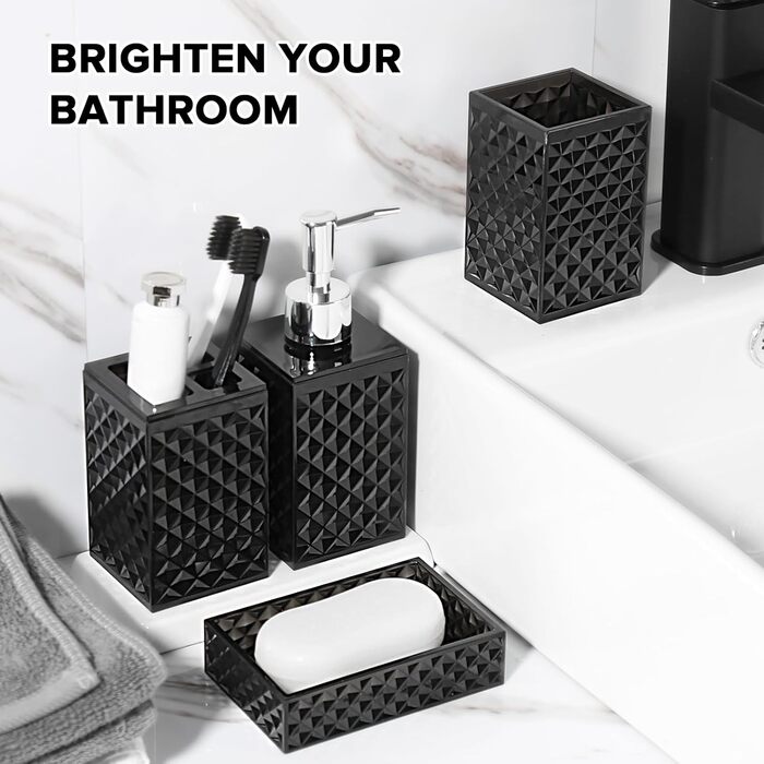 Чорний набір аксесуарів для ванної кімнати, 4 шт. - сучасний декор для ванної кімнати, акриловий дозатор для мила та тримач для зубних щіток