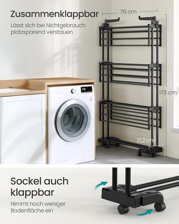 SONGMICS Сушарка для білизни на коліщатках, 4 яруси, розкладна, чорна, 63.5 x 125.5 x 173 см, LLR703G01