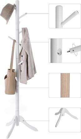 VASAGLE Coat Rack, Solid Wood Clothes Rack, Coat Stand with 8 Hooks, Tree Shape, 3 Adjustable Heights, for Coats, Jackets, Bags, for Entryway, Bedroom, RCR01GY (White)