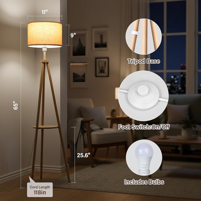 Стельова лампа для вітальні з полицею, дерев'яна LED-стійка лампа з регулюванням яскравості, тринога, 3 колірні температури, таймер на 30/60 хвилин, абажур, вимикач на корпусі для вітальні, спальні, офісу.