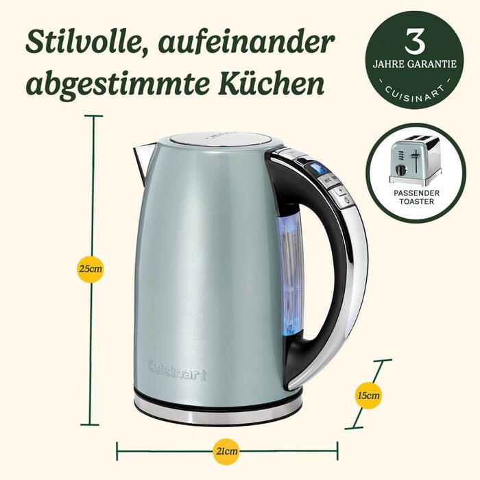 Електричний чайник Cuisinart Multi-Temp з регулюванням температури, 1.7 л, нержавіюча сталь, зелений, знімний фільтр
