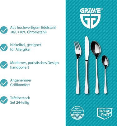 GRÄWE Stainless Steel Cutlery Set for 6 People, Table Cutlery Set 24-Piece, Nickel-Free, Rust-Proof, Hand-Polished, Dishwasher-Safe - Würzburg Series