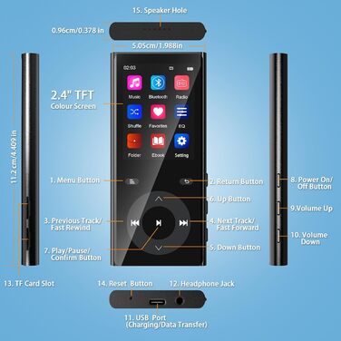 MP3 плеєр з Bluetooth 5.3 та динаміком, 90 ГБ пам'яті, 2.4