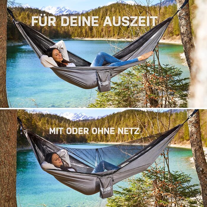 Гамак ROBBX® для 2 осіб з москітною сіткою | 300 кг | Сірий, 290x140 см | Намет-гамак для кемпінгу та відпочинку на природі