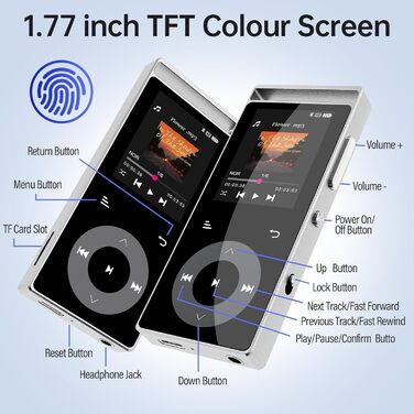 MP3 плеєр 90GB з Bluetooth 5.3 та HiFi звуком, сенсорним керуванням, кольоровим дисплеєм та FM-радіо, металевий корпус, підтримка карт пам'яті до 128GB, чорний/сріблястий