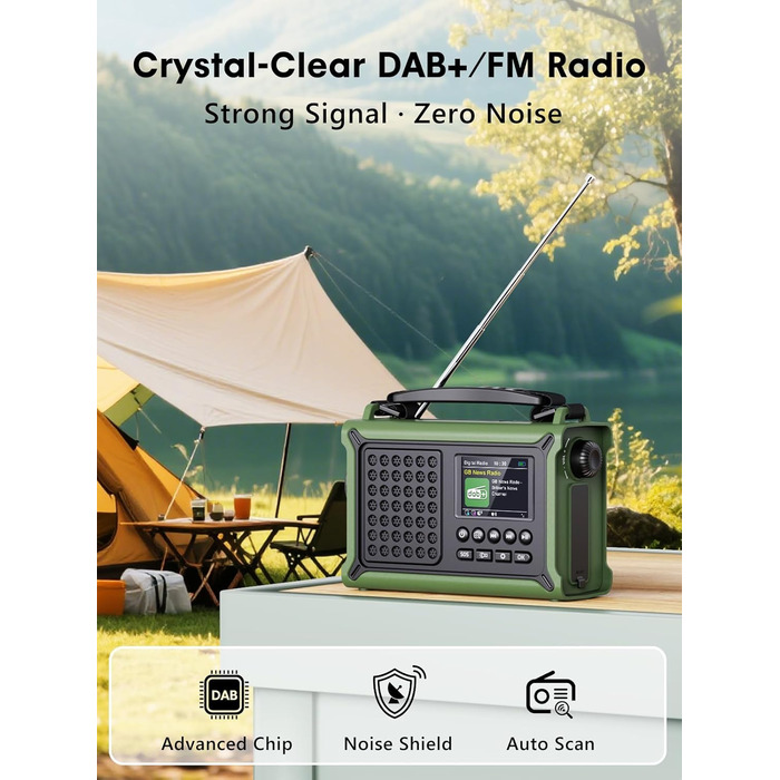 ROCAM Портативне радіо DAB+ з Bluetooth, 12000mAh, радіо з ручкою, сонячна панель 8500мм², 650mA, DAB/UKW, 2.4' дисплей, 80 станцій, LED ліхтарик, USB, SOS, IPX6, для надзвичайних ситуацій, зелене