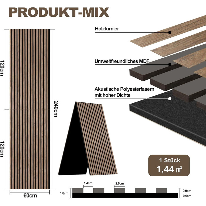 Акустичні 3D-панелі з дерева AKK-PANE (Горіх 4#), 240x60 см, 1.44м² — шумопоглинаючі стінові панелі для вітальні, кухні та офісу