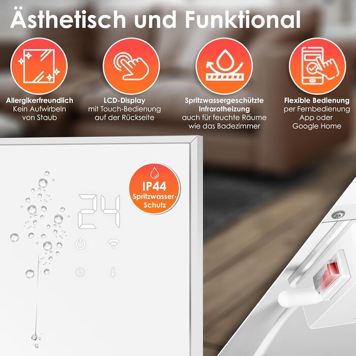 KESSER® Infrared Heater - Energy-Saving Infrared Standing Unit & Wall Mounting Electric Heater 700W with Remote Control, Thermostat & App Control, Electric Heating Panel, Heater Convector, Standing Feet, 700W, White