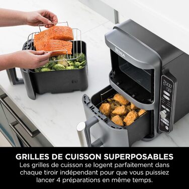 Ninja Double Stack XL Air Fryer Hot Air Fryer, 9.5L Air Fryer, Double Basket Hot Air Fryer with 4 Cooking Levels, 2 Baskets, 2 Racks, Space-Saving Design, 6 Cooking Functions, 8 Portions, Grey SL400EU Stacked Double Drawer 9.5L Grey