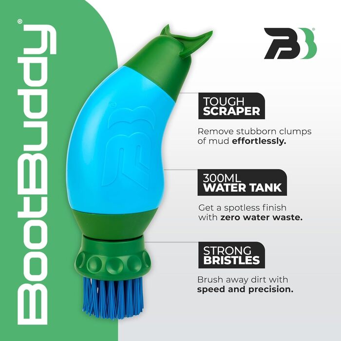 The Boot Buddy: Simple and efficient cleaning of dirty boots, shoes, and other outdoor gear. Cleans soccer, rugby, hiking boots, golf shoes, rain boots, and more in just minutes.