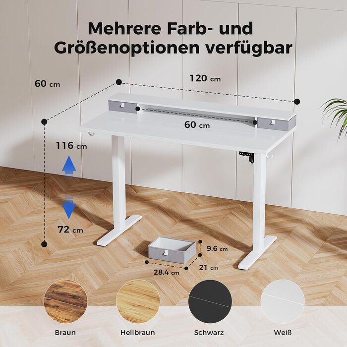 Регульований за висотою стіл Agilestic з 2 ящиками, 120 x 60 см. Електричний, ергономічний стіл для роботи та навчання. Білий