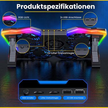 Охолоджувач для ноутбука Offgridtec K25 Pro, підставка з 4 тихими вентиляторами (1100 об/хв), 2 USB-порти, регулювання висоти, ергономічний дизайн для геймерських ноутбуків та консолей 10-17 дюймів, синій