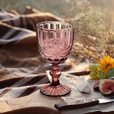 Joeyan Lila Vintage Wine Glasses with Embossed Design, Colored Relief Red Wine Glasses White Wine Glasses, Drinking Glasses, Goblet Glasses, Wine Goblet for Wine Juice Drinks, 300 ml, Set of 4, Dishwasher Safe