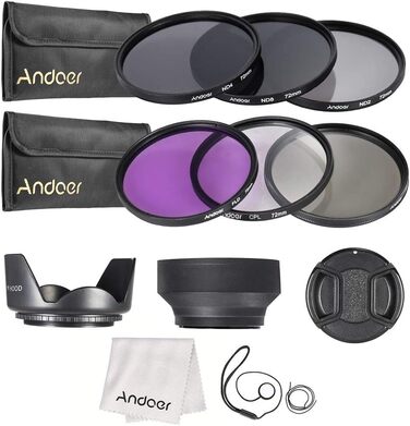 Набір фільтрів для об'єктива Andoer 72mm: UV, CPL, FLD, ND (ND2, ND4, ND8) з чохлом, кришками, тримачем та блендами