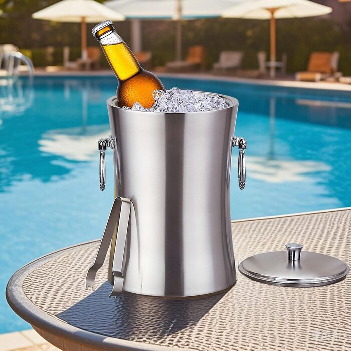 Преміум еісберг з кришкою та щипцями: еісберг з нержавіючої сталі, 3 л, для шампанського, коктейлів, вечірок та відпочинку на природі