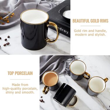 DUJUST Black Coffee Cup Set of 4 (470ml), modern and stylish design with handcrafted gold trim, black and gold cup for coffee, beautiful and elegant top-grade porcelain mugs
