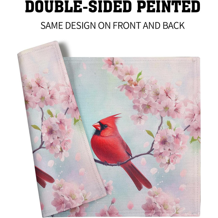 Giwawa Placemats with Spring Birds, 30.5 x 45.7 cm, red bird, cherry blossoms, floral pattern, stain-resistant, heat-resistant, linen, placemats for kitchen, dining table, seasonal party, indoor and