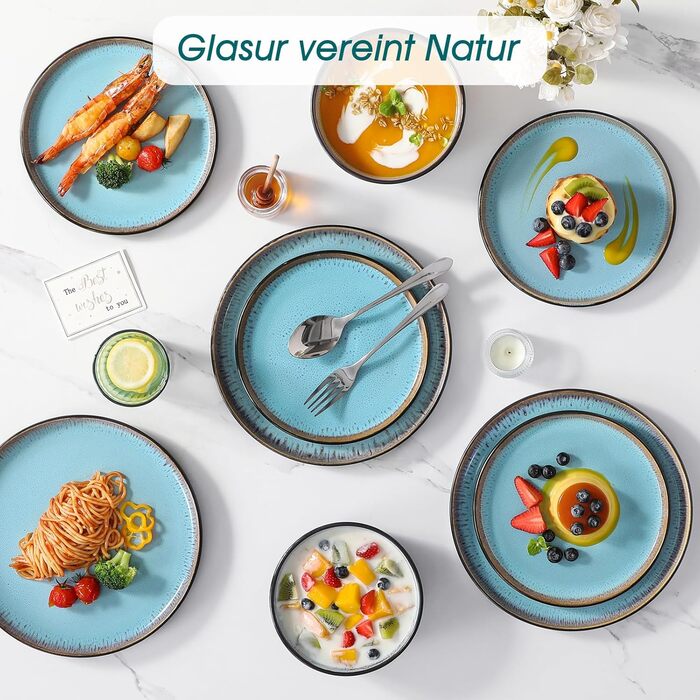 Набір мисок Vancasso (36 шт.) для сім'ї: 6 мисок з кераміки (840 мл), салати, супи, десерти. Безпечно в мікрохвильовці та посудомийній машині (Морська блакить)