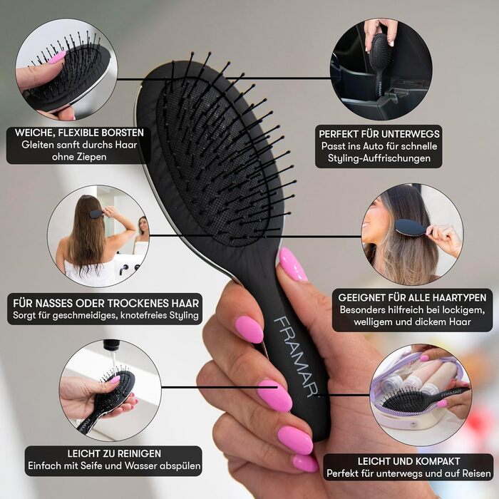 FRAMAR Міні гребінець для волосся - компактний, для подорожей, розплутування, для всіх типів волосся, чорний матовий