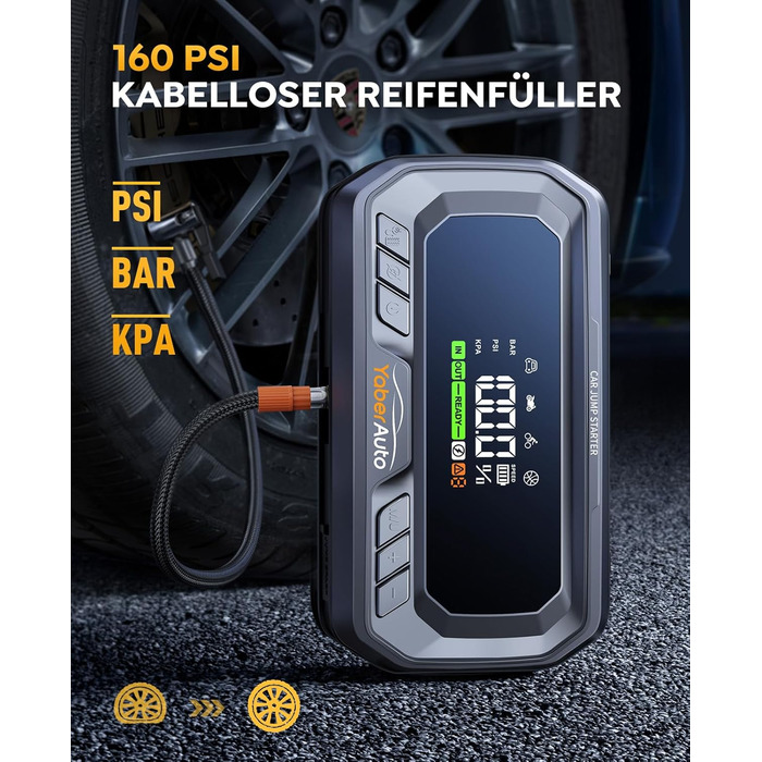Powerbank YaberAuto для запуску двигуна з компресором, 160PSI, 6500A, PD 65W, 26800mAh. Запуск авто, 600 люмен, LCD екран