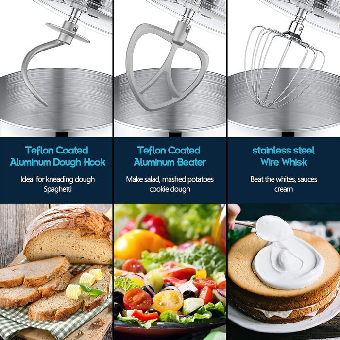 Stand Mixer Dough Mixer Camic 1500W 8L Stand Mixer Whisking Device Multifunction Mixer Quiet, Powerful, and Professional, 6 Speeds with Pulse, Stainless Steel Bowl (White)