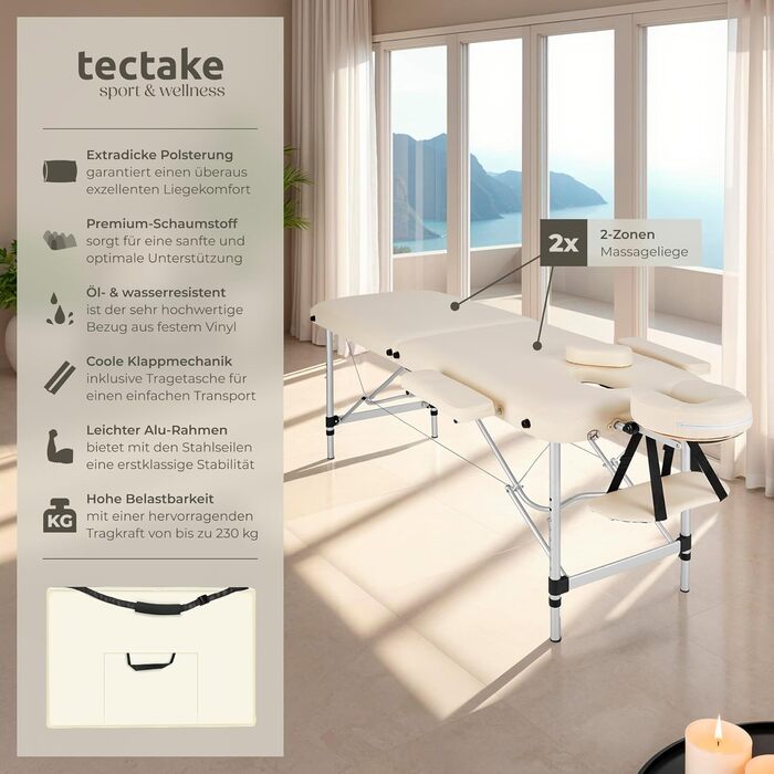 Масажний стіл Tectake 2 зони, розкладний, з регулюванням висоти, з аксесуарами (головна підставка, підлокітники, сумка) - чорний (Бежевий | 402787)