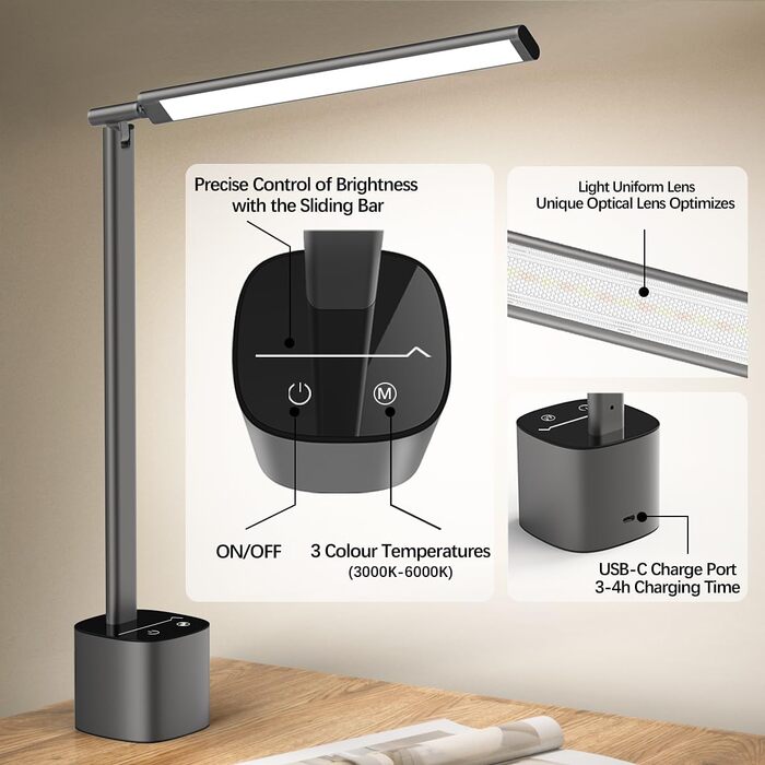 LED лампа настільна Hapfish з регулюванням яскравості, акумуляторна, з сенсорним керуванням, 5000mAh, для офісу, вулиці, приліжкові лампи (сіра)