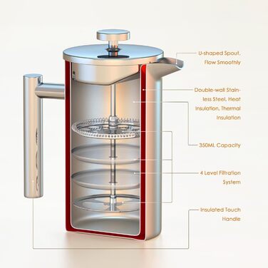 Make a French press coffee machine, 21oz stainless steel French press with a 3-level filtration system, double-walled insulated French press with 3 filters and 1 metal spoon, black