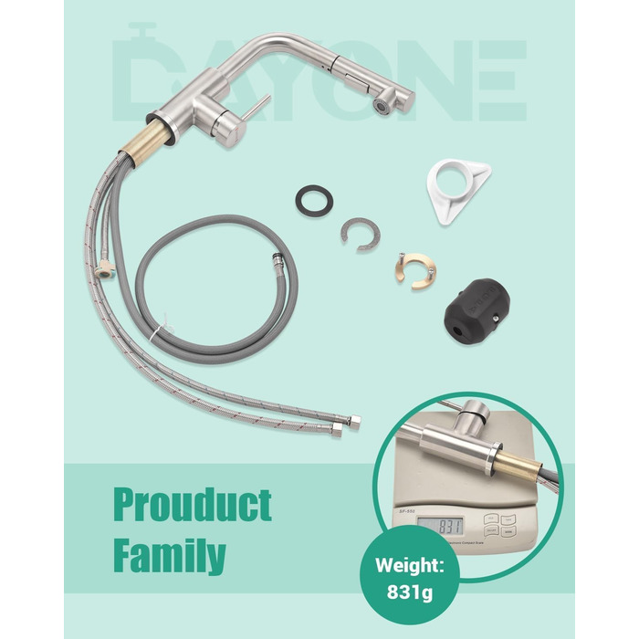 Кухонний змішувач Dayone з висувною лійкою, нержавіюча сталь SUS304, високий тиск, 2 функції, поворотна лійка 360°, L-подібна форма, G6808bn