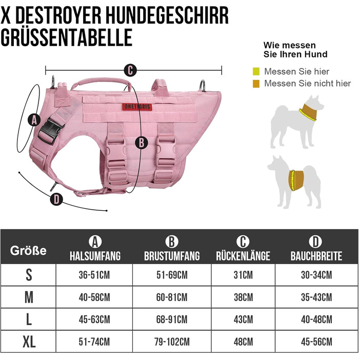 Нашийник для собак OneTigris X Destroyer тактичний, регульований, анти-тяга, вибухозахисний, з 3 ручками, 2 металевими пряжками, безпечний (Рожевий L), L:27-41кг (Окружність шиї:45-63см, Окружність грудей:68-91см)