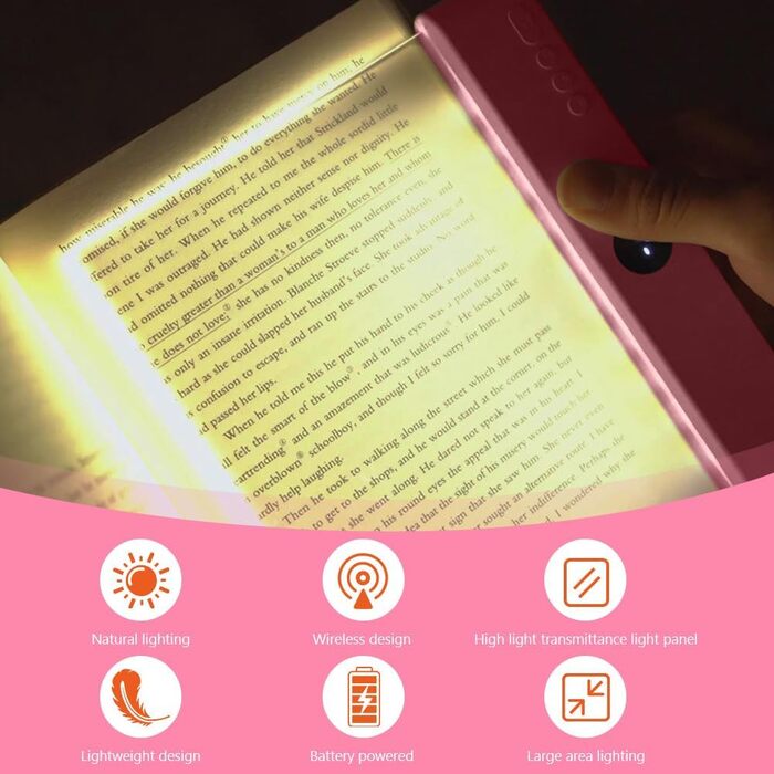 Світлодіодна плоска лампа для читання книг HOTUT Lightwedge, портативна LED-підсвітка сторінок для ліжка з захистом очей, рожева