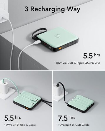 Power Bank VRURC 20000mAh з кабелем USB-C 22.5W QC3.0 Швидка зарядка Зовнішній акумулятор для iPhone, Huawei, Android (Зелений)