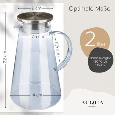 ACQUA DI AMALFI® Glass Carafe | Water Carafe 2 Liter with Stainless Steel/Bamboo Lid | Water Jug with Fruit Infuser | Leak-Proof | Carafe also as a Teapot (BLUE/BAMBOO)