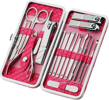 Набір для манікюру та педикюру 18 предметів у рожевому чохлі з шкіри