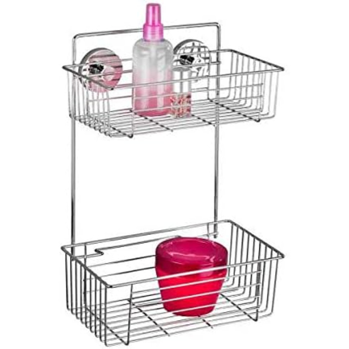WENKO Vacuum-Loc 2-Tier Shelf, Bari, Wall Shelf for Bathroom and Kitchen, Drilling-Free Mounting with Vacuum, Chrome-Plated Metal, 26 x 38 x 17 cm
