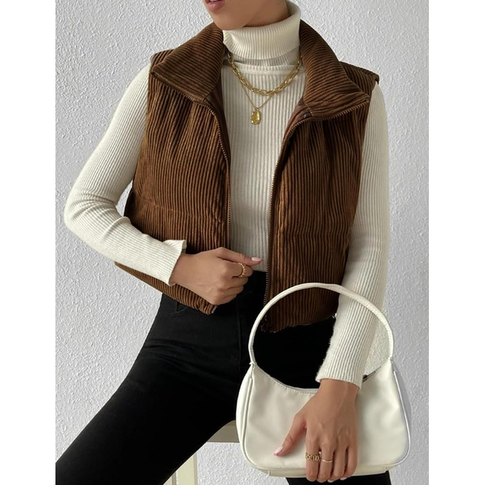 Жіноча жилетка Gihuo з наповнювачем Cord, кроп-силует, комір-стійка, на блискавці, без рукавів, коричнева
